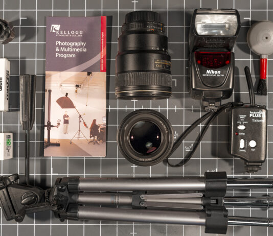 An overhead view of photography equipment.