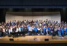 High school choir members rehearse for the annual Prado concert in 2018