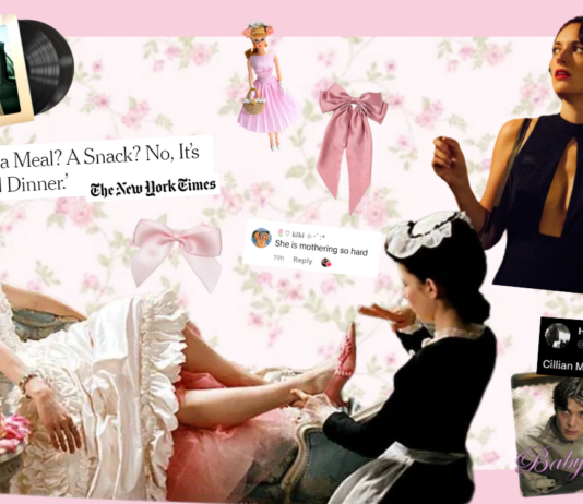 a graphic showing popular girl iconography, titles of articles, tweets, and comments