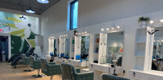 An interior view of an empty hair salon.