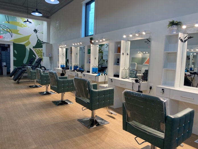 An interior view of an empty hair salon.