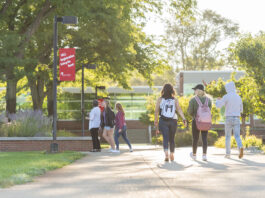 Students walking on campus.