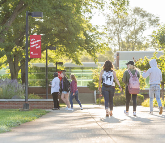 Students walking on campus.