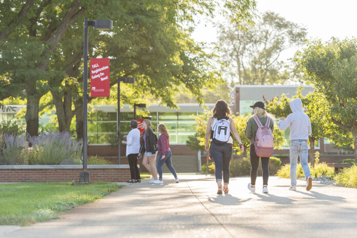 Students walking on campus.